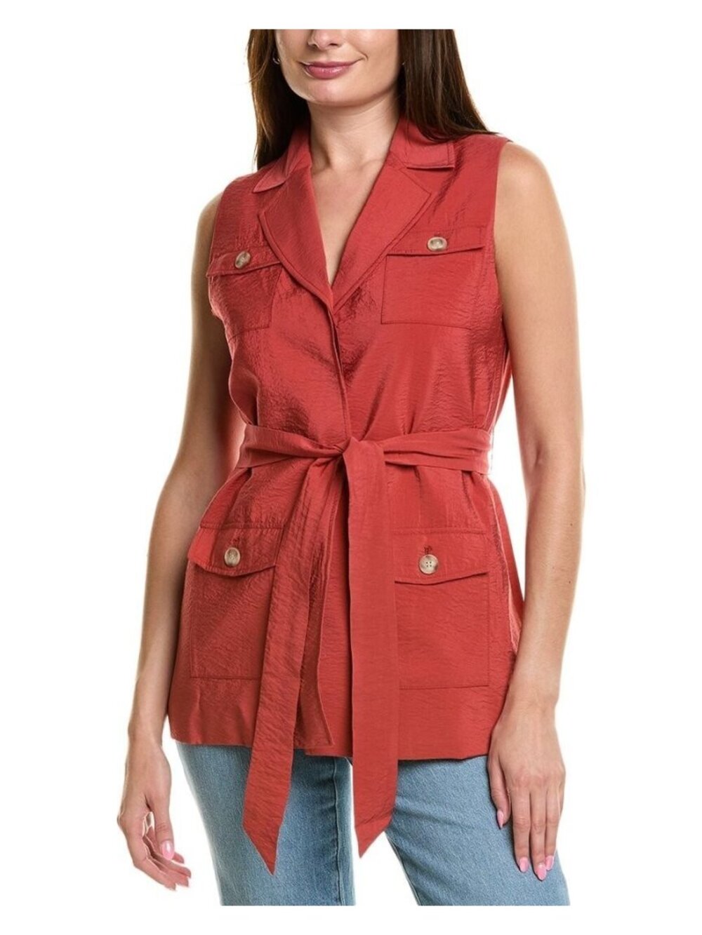 Anne Klein Sleeveless Self Tie-Waist Patch-Pocket Jacket Brick Brown Size M $129